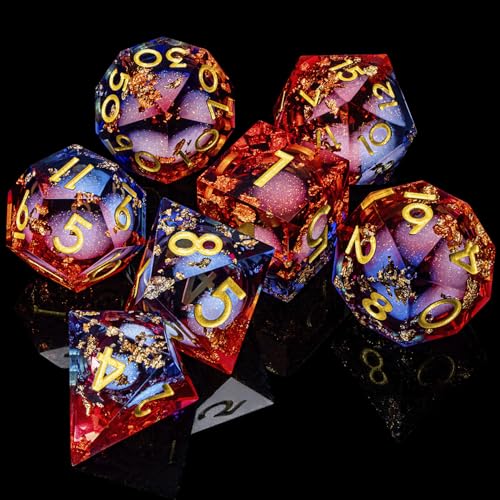ARUOHHA Liquid Core DND Dice Set, 7pcs Resin Sharp Edged Dragons Dice Compatible with D&D Role Playing Games, RPG Golden Numbers Blue Red Dungeons Polyhedral D and D Dice with Gift Box D20 D10 D6 - color: Shiny-blue Red
