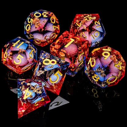 ARUOHHA Liquid Core DND Dice Set, 7pcs Resin Sharp Edged Dragons Dice Compatible with D&D Role Playing Games, RPG Golden Numbers Blue Red Dungeons Polyhedral D and D Dice with Gift Box D20 D10 D6 - color: Shiny-blue Red