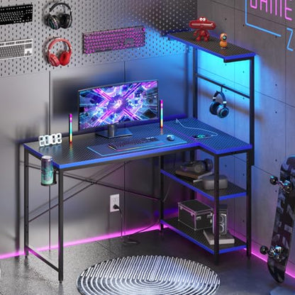 42" L-Shaped Gaming Desk with Power Outlets LED Lights, Black&Blue | Reversible Design, LED Lights, 4-Tier Storage Shelves, Headphone Hook, Foldable Cup Holder, Home Office, Small Space - color: Black&blue, size: 42 Inch
