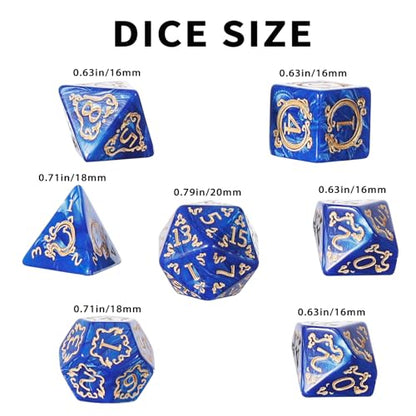 DND Dice Set - 7 Polyhedral Role Playing Dice with Gold Dragon Design, Acrylic D&D Dice Perfect for Dungeons and Dragons, Pathfinder, Warhammer, RPG Games (Blue) - color: Gold Dragon-blue
