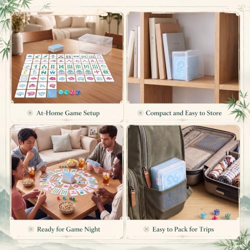 Capoda 180 Tiles Mahjong Playing Cards with Storage Box Acrylic Dice Blue Pink Floral Numbered Large Print Poker Mahjong Tiles for Adults Portable Travel Gathering Game Enthusiasts Supplies Gift