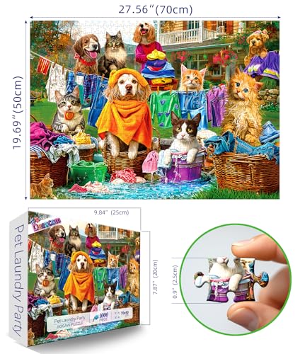 Laundry Day Puzzles for Adults 1000 Pieces, Funny Dogs & Cats Jigsaw Puzzle | Colorful Backyard Theme Challenging Puzzle with Letter on Back & Reference Poster, Ideal for Adult Entertainment Family Game - color: Laundry Day