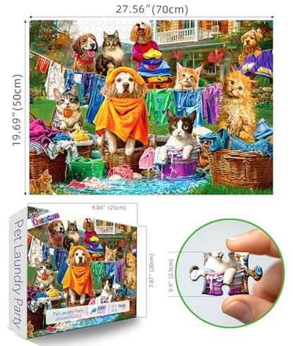 Laundry Day Puzzles for Adults 1000 Pieces, Funny Dogs & Cats Jigsaw Puzzle | Colorful Backyard Theme Challenging Puzzle with Letter on Back & Reference Poster, Ideal for Adult Entertainment Family Game - color: Laundry Day