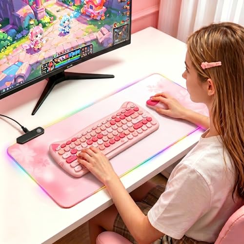 RGB Large Gaming Mouse Pad, Extended Mouse Pad with 12 Lighting Effects, Water Proof Mutispandex Surface, Non-Slip Rubber Base, 80x30 cm / 31.5×11.8 in (Sakura) - color: Sakura
