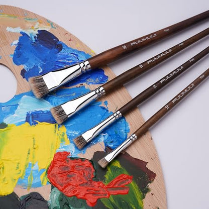 Fuumuui Professional Paint Brush Set, 4Pcs Natural Badger Hair with Flat Shape Blending Mop Oil Paint Brushes for Acrylic Painting Oil and Gouache - style: Flat