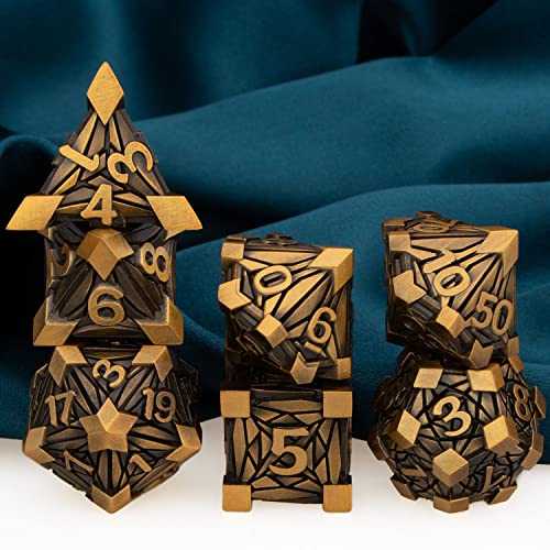 ARUOHHA DND Metal Dice Set Crystal Shards Dice with Gift Box, 7PCS Antique Gold Polyhedral Dice RPG Role Playing Game Handmade 6 Sided D and D Dice Set D20 D12 D10 D8 D6 D4 - color: Ancient Gold