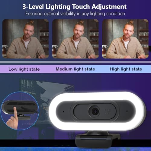 2k Webcam with Ring Light/Microphone,PC Gaming Computer Camera | PC Webcam with RGB Light/Cover/Tripod,Autofocus,65°FOV,Plug and Play USB C Web Camera for Laptop Streaming/Zoom Meeting