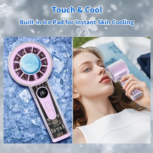 Portable Handheld Fan with Ice Cooler, 5000mAh Battery, 6 Speeds, LED Digital Display, Turbo High Speed Personal Fan, Transparent Design for Travel, Summer, Outdoor, Concerts, Purple - color: Purple