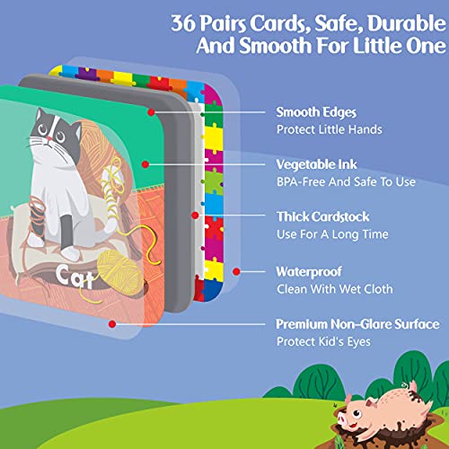 Hebayy 36 Pair Animal Matching Memory Game Flash Cards for Toddlers, Preschool, Kindergarten and Home. Erasable, Fun & Fast, Travel Friendly, Skill Building. Size 2” x 2”(5 x 5 cm) - style: Cartoon Animals 2