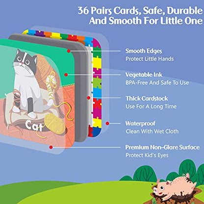 Hebayy 36 Pair Animal Matching Memory Game Flash Cards for Toddlers, Preschool, Kindergarten and Home. Erasable, Fun & Fast, Travel Friendly, Skill Building. Size 2” x 2”(5 x 5 cm) - style: Cartoon Animals 2