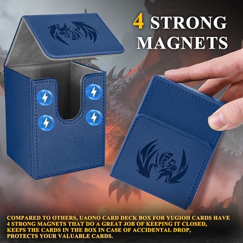 UAONO Card Deck Box for Yugioh MTG, 100+ Deck Case with 2 Dividers Fits TCG CCG PTCG, PU Leather Strong Magnet Card Storage Box Compatible with Magic Commander Trading Cards (Navy, Sky Dragon) - color: A1-Blue