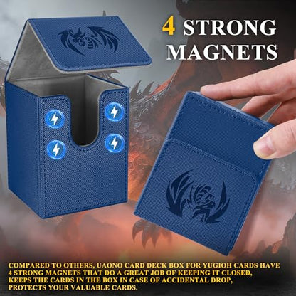 UAONO Card Deck Box for Yugioh MTG, 100+ Deck Case with 2 Dividers Fits TCG CCG PTCG, PU Leather Strong Magnet Card Storage Box Compatible with Magic Commander Trading Cards (Navy, Sky Dragon) - color: A1-Blue