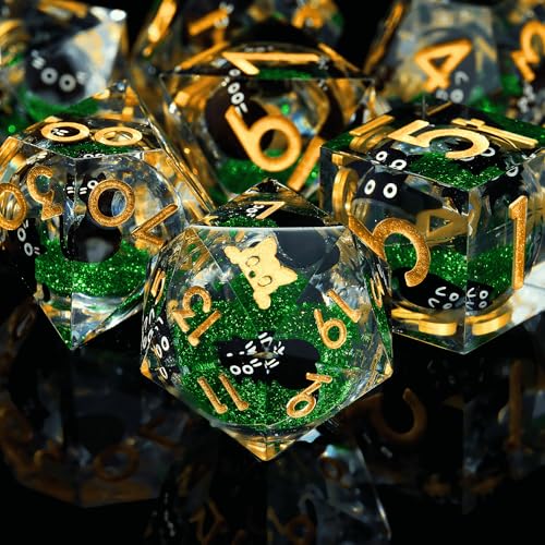 Liquid Core Cat DND Dice Set 7Pcs with Box- Sharp Edge Cute Cat Style Resin Dice for D&D, Roleplaying Games, RPG, MTG, Table Games D20 D12 D10 D8 D6 D4(Cathead-Green)
