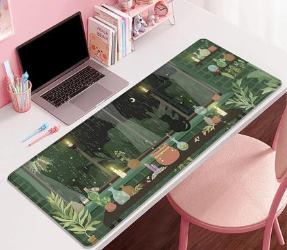 Black Cat Mouse Pad Green Plants Desk Mat Pad Anime Large Gaming Cartoon Cute Mouse Pad,Stitched Edges Non-Slip Waterproof Rubber Base Mous Mat for Office Home Work Gaming(27.5X11.8 in) - color: Candlelight Windowsill-cat