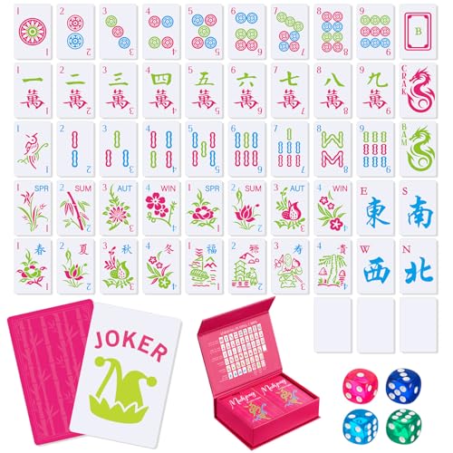Soulchen 168-Piece PVC American Mahjong Card Print Set,Classic,Hot Pink | Lightweight Waterproof Format with 4 Dice and Storage Case, for Clubs, Pool, Cruises, Trips, Family Game Nights - color: Hot Pink, style: Classic