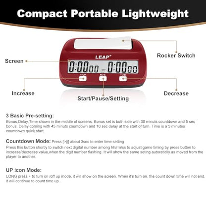 LEAP Chess Clock Digital Chess Timer Professional for Board Games Count Up/Down Timer with Alarm,Bonus and Delay Features, Easy to Setup (Red/Black) - color: Red/Black