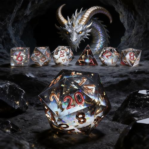 DND Polyhedral Resin Dice Set,for Dungeons and Dragons RPG MTG Table Games,7-Piece Liquid Core Sharp Edge Handmade - color: Obsidian