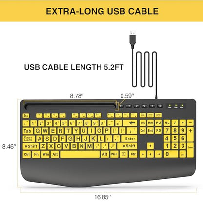 SABLUTE Large Print Keyboard Wired Computer Keyboards with Wrist Rest, Phone Holder, Big Letters Easy to Read Compatible Windows, Desktop, Laptop, Yellow - color: Yellow&Black