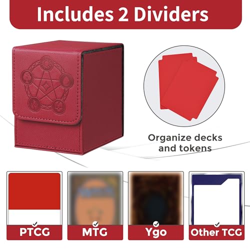 Card Deck Box with 2 Dividers, MTG Commander Deck Box Holds 100+ Double-Sleeved Cards, Leather Magnetic Deck Case Compatible with Magic TCG CCG Cards, Red - color: 2. Red, size: 100 Double-sleeved Cards Vertical