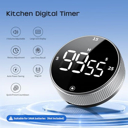 Digital Kitchen Timer with Magnetic - Visual Timer with Large LED Display, Pomodoro Classroom Timers with 3-Preset Times, Volume Adjustable, Countdown & Count Up Timers for Cooking