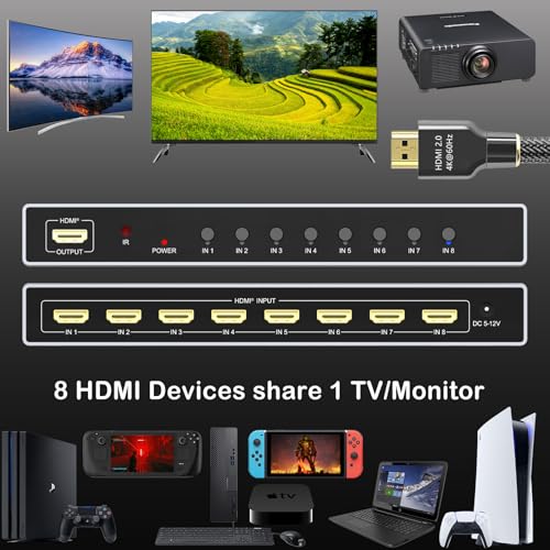 KAGO 8-Port 4K@60Hz HDMI Switcher Box with IR Remote | 8-In 1-Out HDMI Switch,HDR10 & Dolby Vision, 18Gbps HDCP 2.2 Pass-Through, 3D Audio, Aluminum Shell - size: 8x1