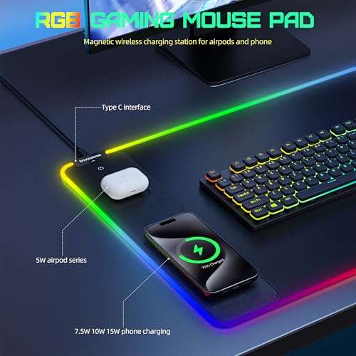 Wireless Charging RGB Gaming Mouse Pad, Mouse Mat with 15W Fast Charging, LED Large Gaming Mousepad with 15 Lights Modes, Ultra-Smooth Surface, Waterproof Non-Slip Desk Pad for Laptop, MacBook, PC