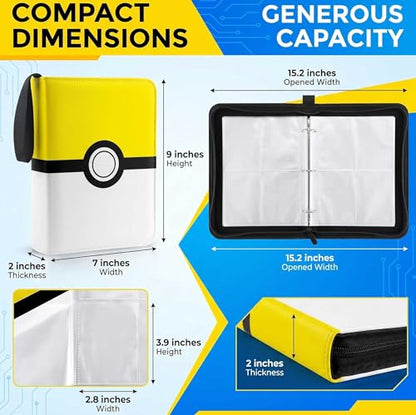 Card Binder 4 Pocket, Trading Card Holder Album Book, 50 Removable Sleeves Hold 400 Cards, PU Leather Zipper Portable Game Collection Card Case Ideal Gift (Yellow) - color: Yellow, size: Medium