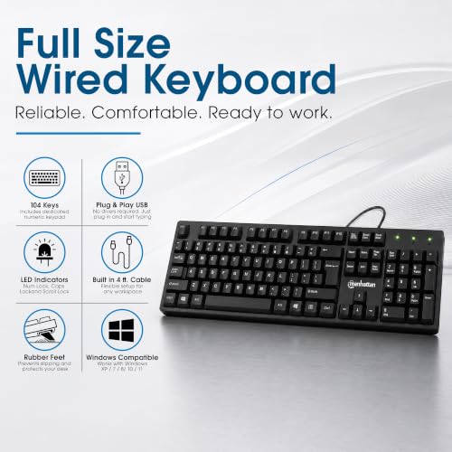 Manhattan Wired Computer Keyboard – Basic Black Keyboard - with 4.5ft USB-A Cable, 104-keys, Foldable Stands - Compatible for Windows, PC, Laptop - 3 Yr Mfg Warranty – 179324 - color: Black