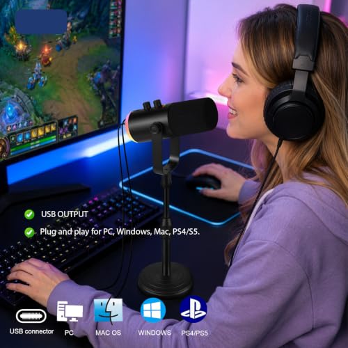 XLR USB Dynamic Microphone for Vocal Recording, Gaming, with Headphone Jack, Volume Control, Mute Button. Cardioid Microphone for Sound Cards, Mixers, PC, MAC (Microphone with Desk Stand) - size: Microphone with Desk Stand