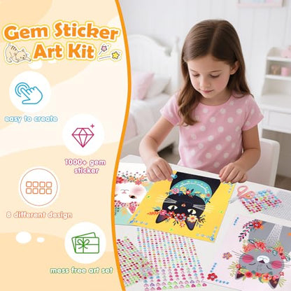 Gem Art Sticker Kit,Diamond Art Sticker Crafts for Kids Ages 4-12 | 8 Cat Themes, 1000+ Gems, No glue, No mess, Gemstone Sticker Arts and Crafts for Kids, Christmas Birthday Gift for Girls - color: Yellow-Cat