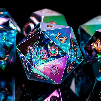 AUSTOR 7-Die DND Dice Set Handmade Sharp Edge Polyhedral Dice for Dungeons and Dragons D&D RPG MTG Table Games（Electroplating Black&Blue,Gold） - color: Electroplating Black&blue,gold