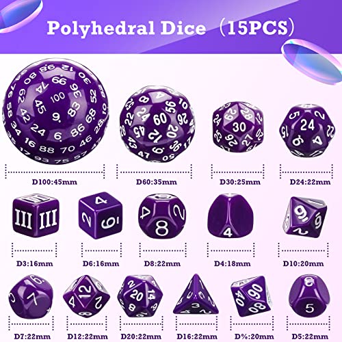 Civaner 15 Pcs Complete Polyhedral Dice Set D3-D100 Spherical RPG Dice Set in Opaque Black, 100 Sides for Role Playing Table Games Party Supplies(Purple and White) - color: Purple and White