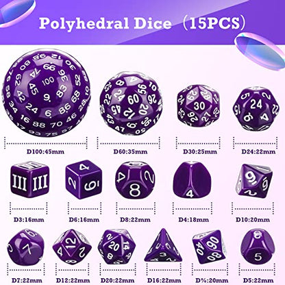 Civaner 15 Pcs Complete Polyhedral Dice Set D3-D100 Spherical RPG Dice Set in Opaque Black, 100 Sides for Role Playing Table Games Party Supplies(Purple and White) - color: Purple and White