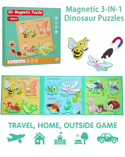 Magnetic Puzzles for Toddlers 1-3, Travel Puzzles for Kids Ages 2-4, Animal Activities Toy Wooden Jigsaw Puzzles Book for Boys & Girls 3-5, Learning Magnet Present for Road Trip - style: Insect