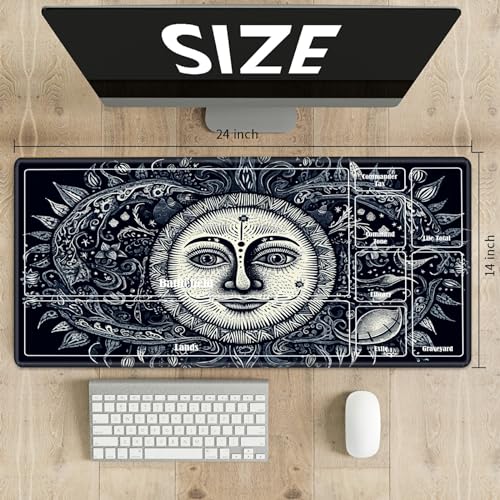 Board Game Mat TCG Playmat Plus 50 Pcs Card Sleeves, 24 x 14 inches Table Mats Games Mousepad with Zones Smooth Surface for MTG RPG CCG Trading Card Game Play Mats, Sun Face - color: Sun Face, size: Zone 1