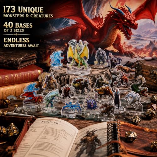 DND Miniatures Starter Set 173 Fantasy Figures for Tabletop Campaign | Acrylic flat minis with 40 bases for 1-inch grid battle maps, beginner DM gift with broad monster variety and sorted storage - style: 2d-stater-set