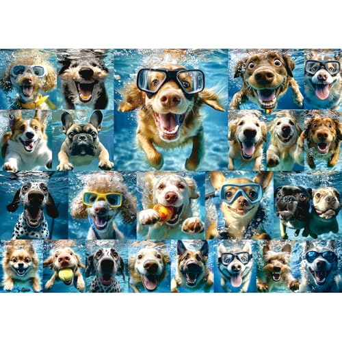 Underwater Dogs Jigsaw Puzzles 1000 Pieces for Adults Funny Cute Dogs Collage Puzzles for Adults 1000 Pieces with Letters on Back Hard Impossible Difficult Challenging Family Puzzle - color: Underwater Dogs