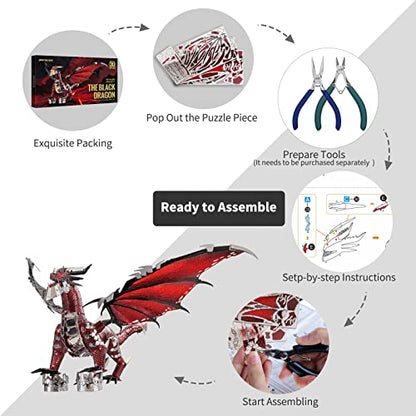 Piececool Black Dragon King 3D Metal Model Building Kits with DIY Tools Set, Challenging 3D Metal Puzzles for Family Time, Great Christmas Birthday New Year Gifts - color: Black Dragon King With Tool
