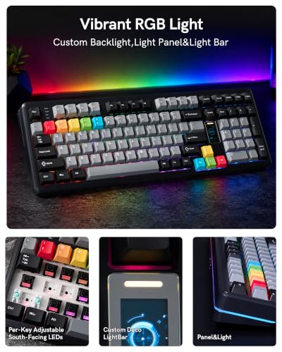 Keymatic Mechanical Keyboard Wireless,98% Pink Creamy Keyboard Gaming Keyboard,3 Mode with Multimedia Screen,RGB Backlit,Black - color: Black