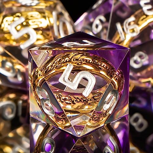 OUKELANWO Magic Lord Rings DND Dice Set with Box, 7Pcs Resin LOTR D&D Dice Set for Role Playing Game, Purple Dungeons Dragons D and D Sharp Edge Dice D20 D12 D10 D8 D6 D4 - color: Purple & White