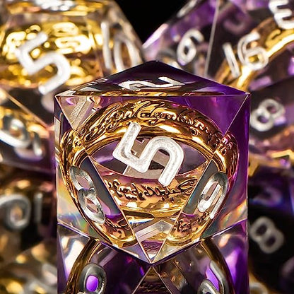 OUKELANWO Magic Lord Rings DND Dice Set with Box, 7Pcs Resin LOTR D&D Dice Set for Role Playing Game, Purple Dungeons Dragons D and D Sharp Edge Dice D20 D12 D10 D8 D6 D4 - color: Purple & White