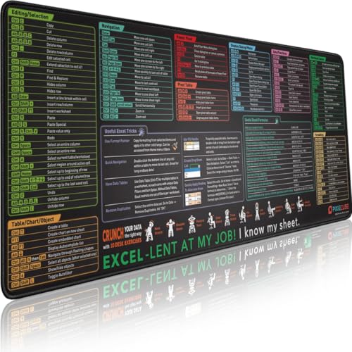 Pixiecube Excel Cheat Sheet Desk Pad | Excel Shortcut Keys Mouse Pad | Extended Large XL Gaming Mousepad | PC Office Spreadsheet Keyboard Mat | Non-Slip Stitched Edge - color: Excel Shortcuts, size: 31.5L x 11.8W inches