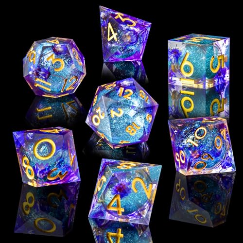 Liquid Core DND Dice Set, 7pcs Sharp Edge Dice for Role Playing Dungeons and Dragons Ttrpg with Gift Box, Handmade Resin D&D Dice RPG Role Playing Games Dice Set(Purple Flower) - color: Flower-teal Liquid