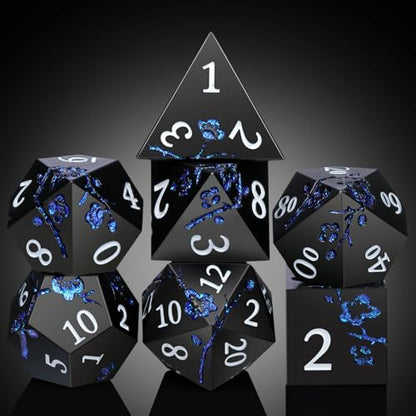 Glitter Blue D&D Metal Dice, DNDND 7 PCS Flower Metallic DND Dice Set with Gorgeous Gift Case for Dungeons and Dragon Tabletop Game (Matte Black with Glitter Blue Flower) - color: Flower Glitter Blue