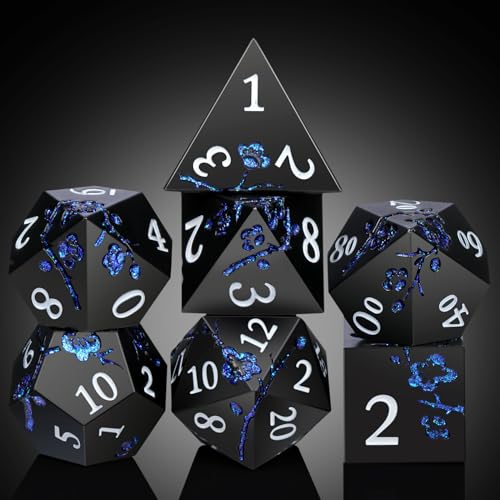 Glitter Blue D&D Metal Dice, DNDND 7 PCS Flower Metallic DND Dice Set with Gorgeous Gift Case for Dungeons and Dragon Tabletop Game (Matte Black with Glitter Blue Flower) - color: Flower Glitter Blue