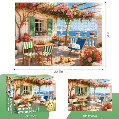 500 Piece Puzzles for Adults, Cozy Seaside Terrace Scene Jigsaw Puzzles with Dog and Cat, Relaxing 500 Piece Puzzle, Perfect for Family Time, Wall Decor, Gift for Adults, Seniors, 20.5 x 15 in - style: TERRACE