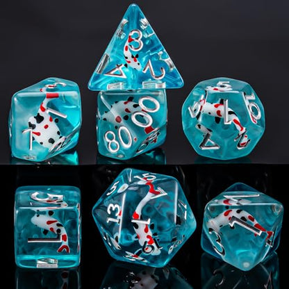 Fish/Animal Resin D&D Dice Set, 7pcs Polyhedral Dice (D4, D6, D8, D10, D12, D20, D%) for Dungeons and Dragons, RPG, MTG, Role Playing Games - color: Black and Red Fish