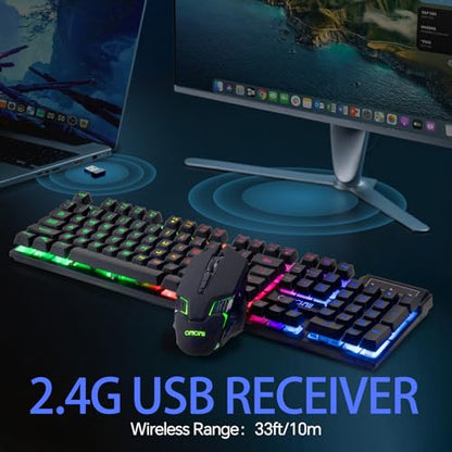 CHONCHOW Wireless Keyboard and Mouse Combo - 2.4G Rechargeable USB Rainbow LED Backlit Wireless Gaming Keyboard,Anti-ghosting Multimedia Keys Mechanical Feel for PC Laptops PS Xbox