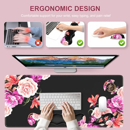 iLeadon Mouse Pad Set, Peony Flower Desk Mat for Keyboard and Mouse | Mouse Pad and Keyboard wrist rest,Coaster, Desk Mat Set with Stitched Edge & Non-Slip Base, Desk Pad Mat for Work Gaming - color: Peony Flower
