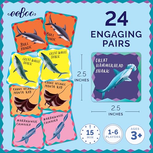 eeBoo Shiny Sharks & Friends Memory & Matching Game, Ages 3+, 1-4 Players | Introduces sharks & marine life. Sharpens recognition, concentration & memory skills. Includes 48 foil tiles, 24 pairs - style: Shiny Sharks & Frinds